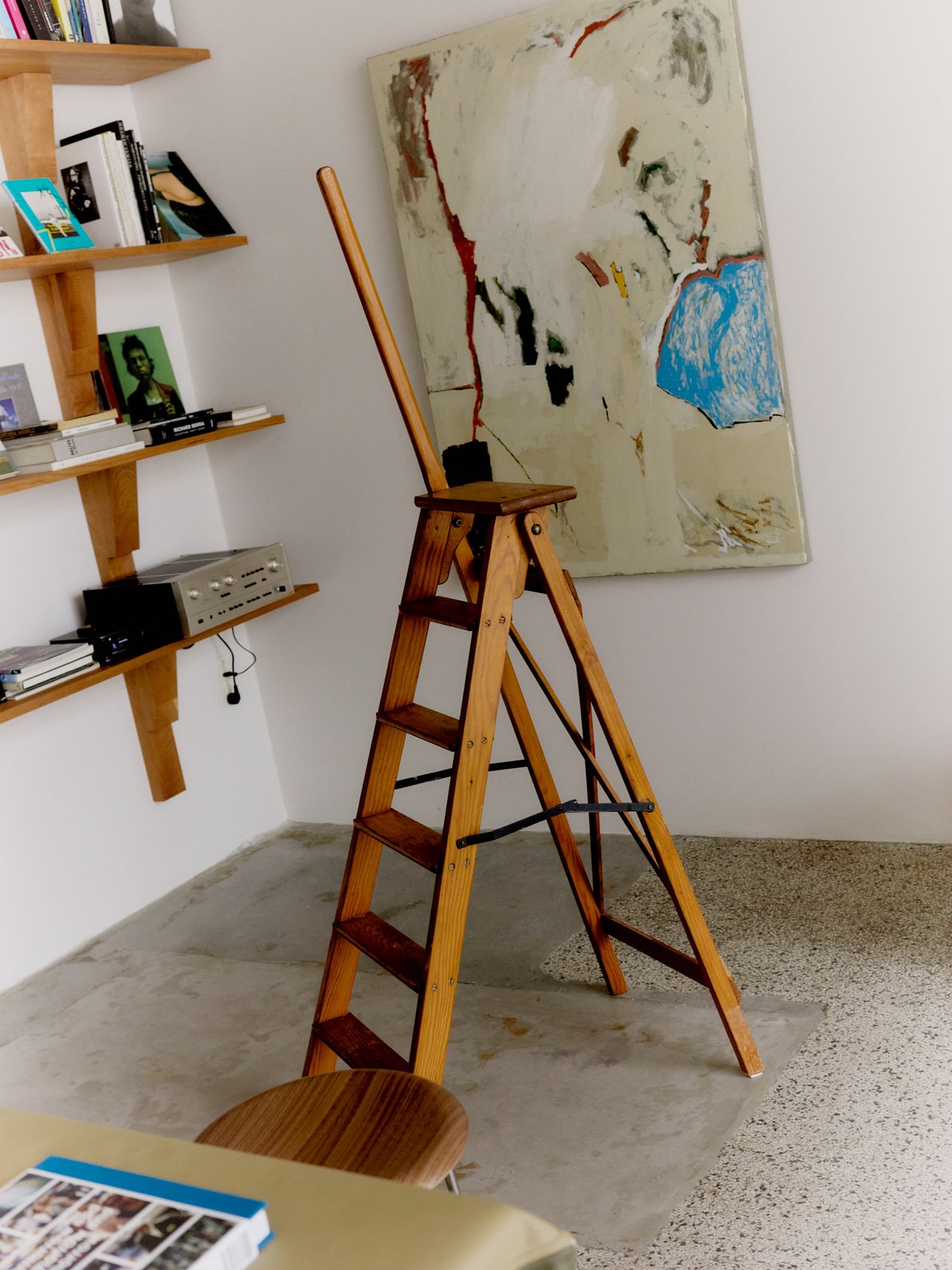 Ladder, painting by Staffan Sundström and the cherry shelving. Photo Staffan Sundström